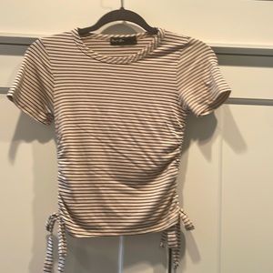 T-shirt; cream w/ black stripes; size XS; adjustable gathering at sides
